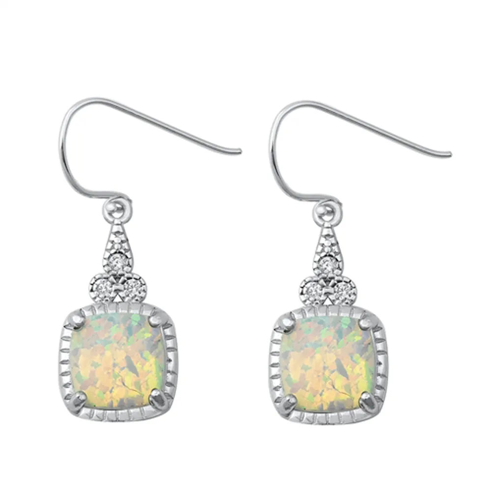 Sterling Silver Elegant Square Statement Studded Earrings White Synthetic Opal