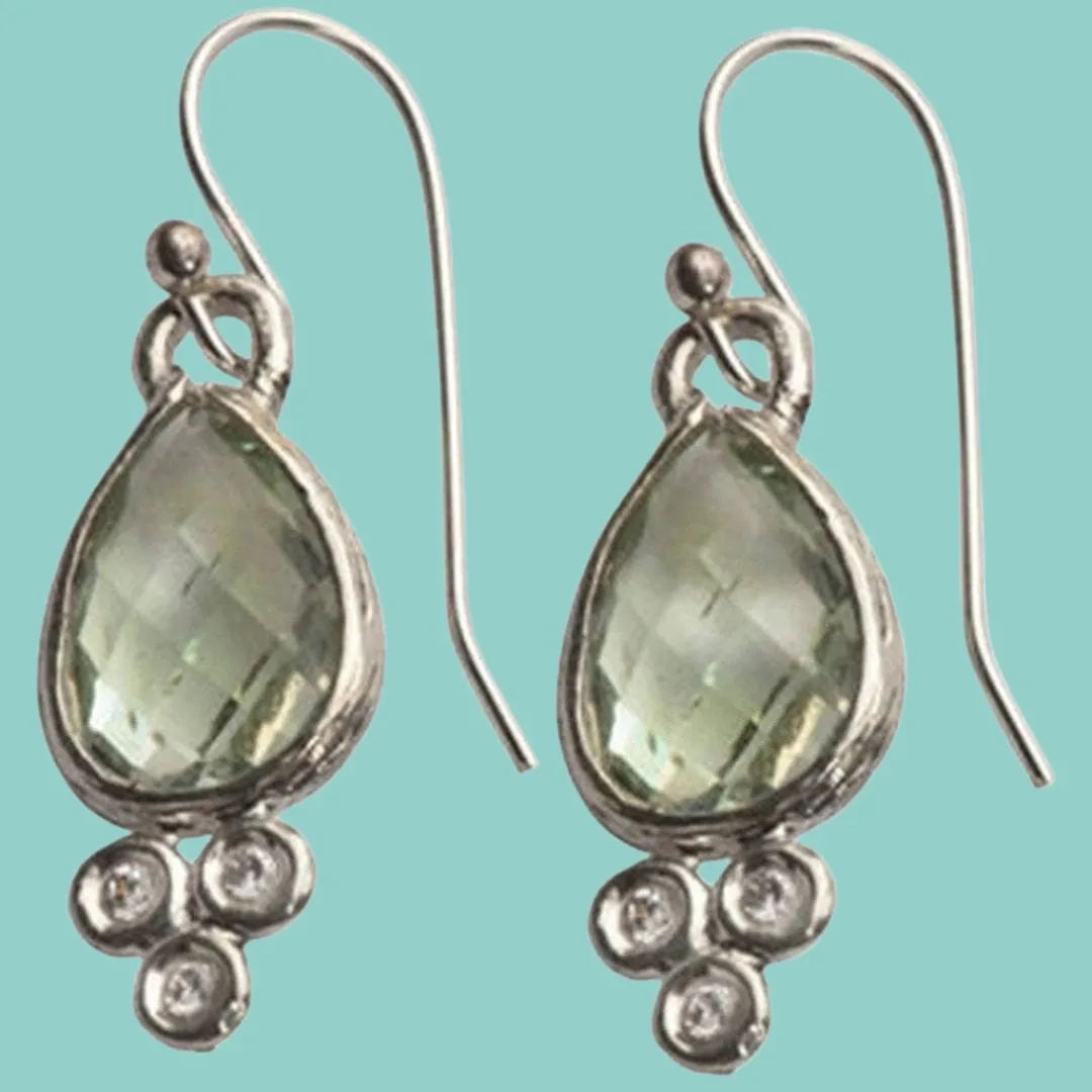 Sterling Silver Green Amethyst Earrings / 925 SILVER 9K Gold