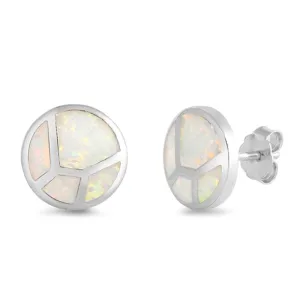 Sterling Silver Mosaic Circle Elegant High Polish Earrings White Synthetic Opal