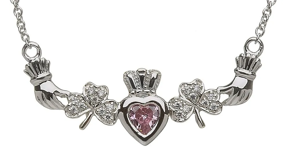 Sterling Silver Mother & Family Claddagh & Shamrock Birthstone Pendant Necklace LS-MP1-S
