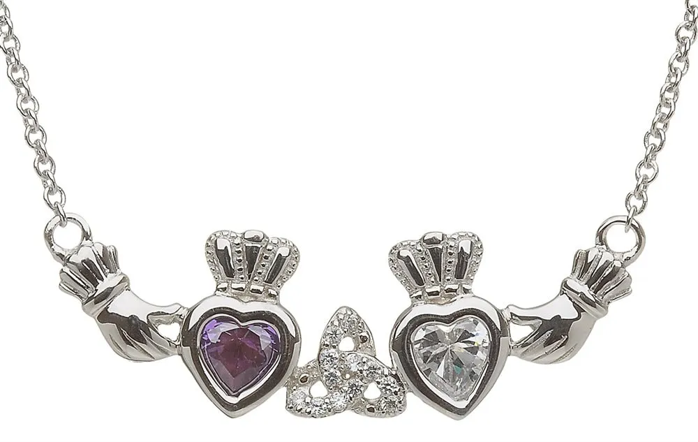 Sterling Silver Mother & Family Claddagh & Trinity Birthstone Pendant Necklace LS-MP2-T