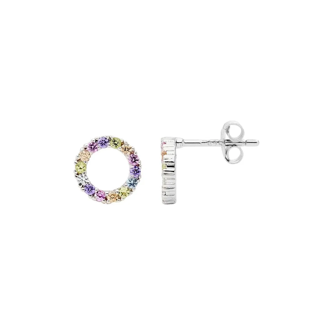 Sterling Silver Open Circle Earrings with Pastel Colour Claw Set Cubic Zirconias 9mm E528P