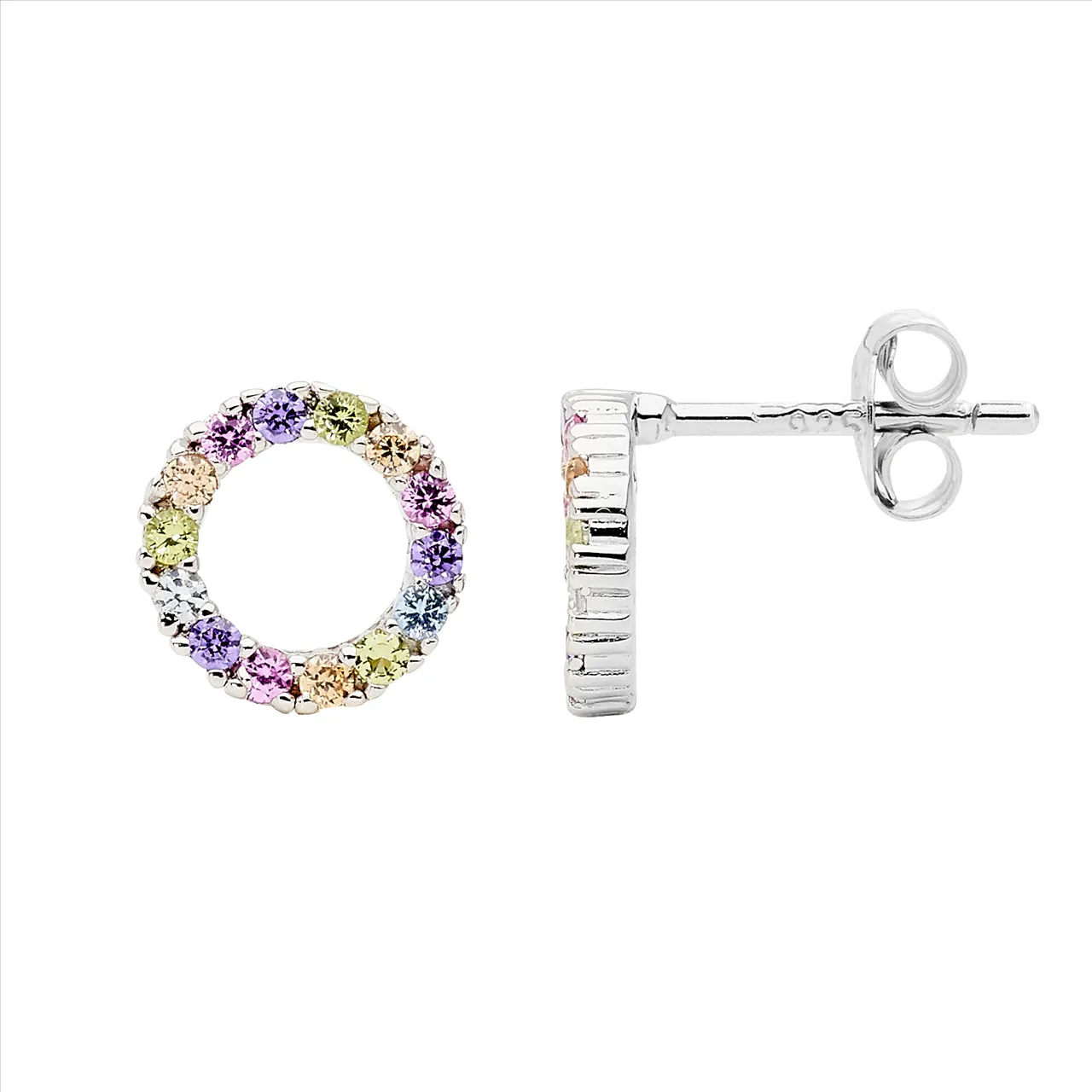 Sterling Silver Open Circle Earrings with Pastel Colour Claw Set Cubic Zirconias 9mm E528P