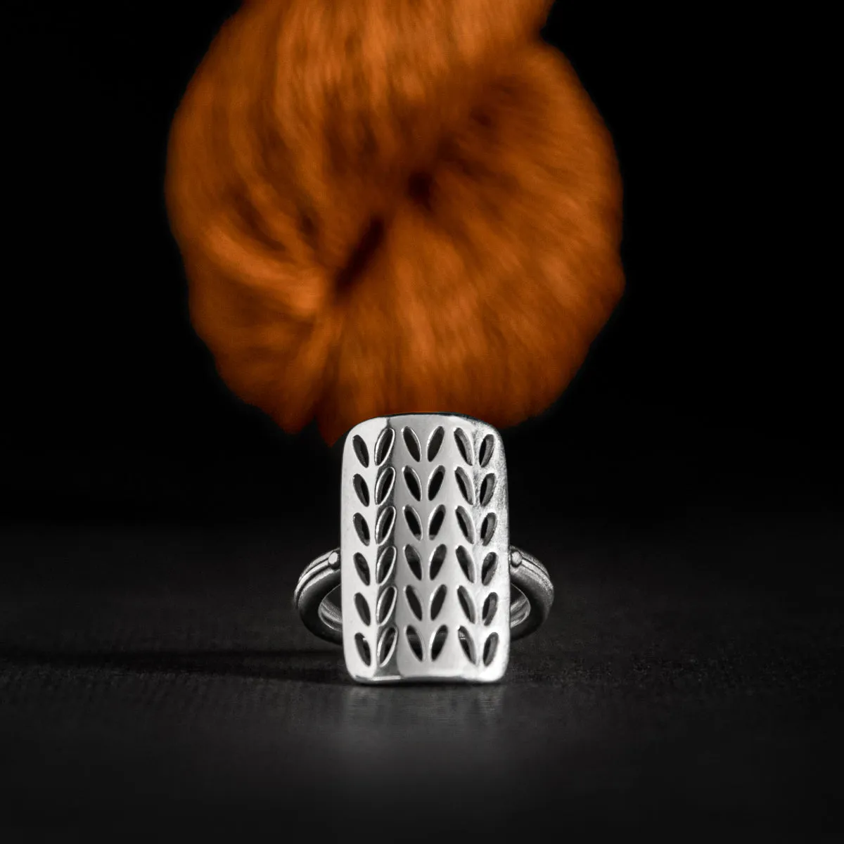 Sterling Silver Stockinette Stitch Blanket Ring with Knitting Needle Motif