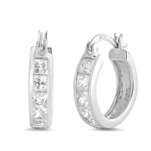 Sterling Silver Studded Hoop Cluster Elegant Hinge Clasp Earrings Clear CZ 925