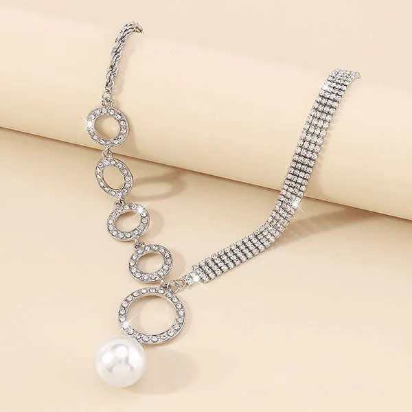 storexq Rhinestone O-ring Design Stunning Faux Pearl Pendant Necklace