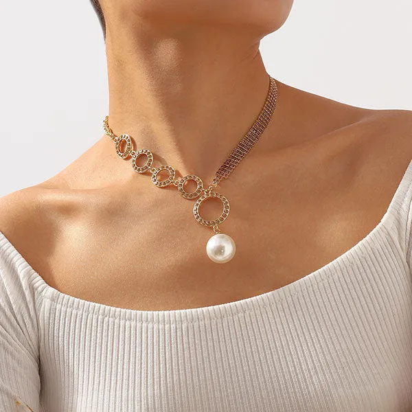 storexq Rhinestone O-ring Design Stunning Faux Pearl Pendant Necklace