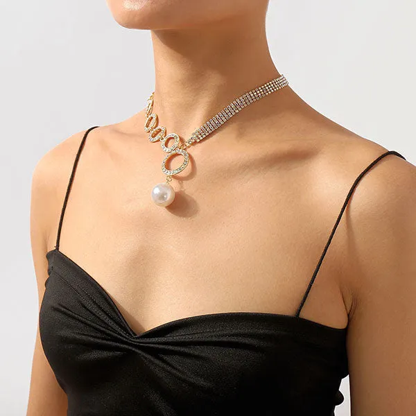storexq Rhinestone O-ring Design Stunning Faux Pearl Pendant Necklace