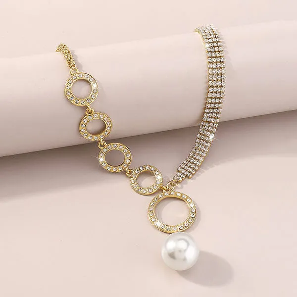 storexq Rhinestone O-ring Design Stunning Faux Pearl Pendant Necklace