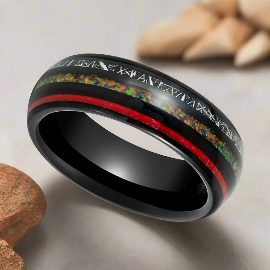 STRIDER | Black Tungsten Ring, Meteorite & Opal Inlays, Domed