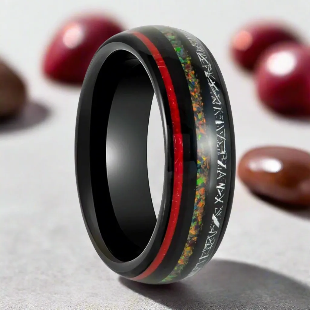 STRIDER | Black Tungsten Ring, Meteorite & Opal Inlays, Domed