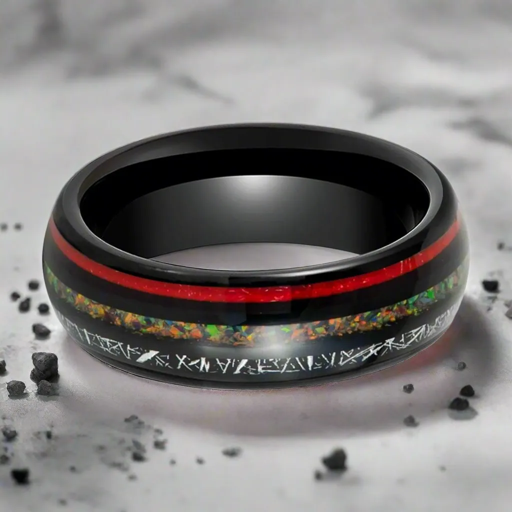 STRIDER | Black Tungsten Ring, Meteorite & Opal Inlays, Domed