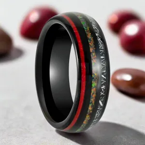 STRIDER | Black Tungsten Ring, Meteorite & Opal Inlays, Domed