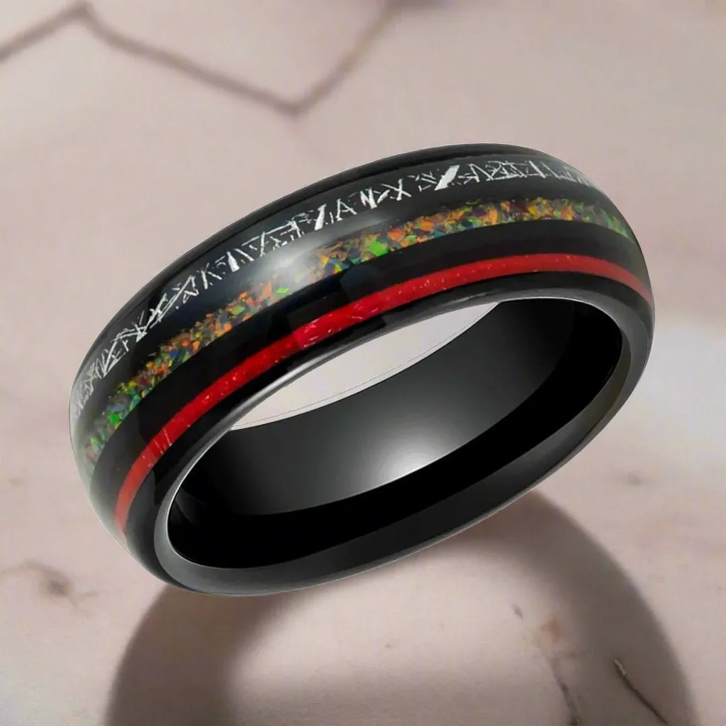STRIDER | Black Tungsten Ring, Meteorite & Opal Inlays, Domed
