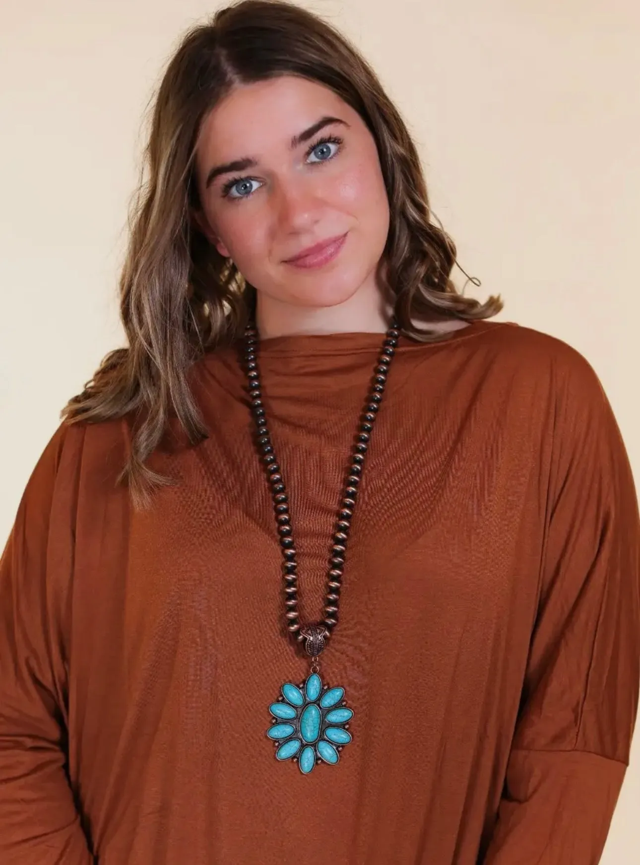 Stunning Copper Faux Turquoise Flower Necklace