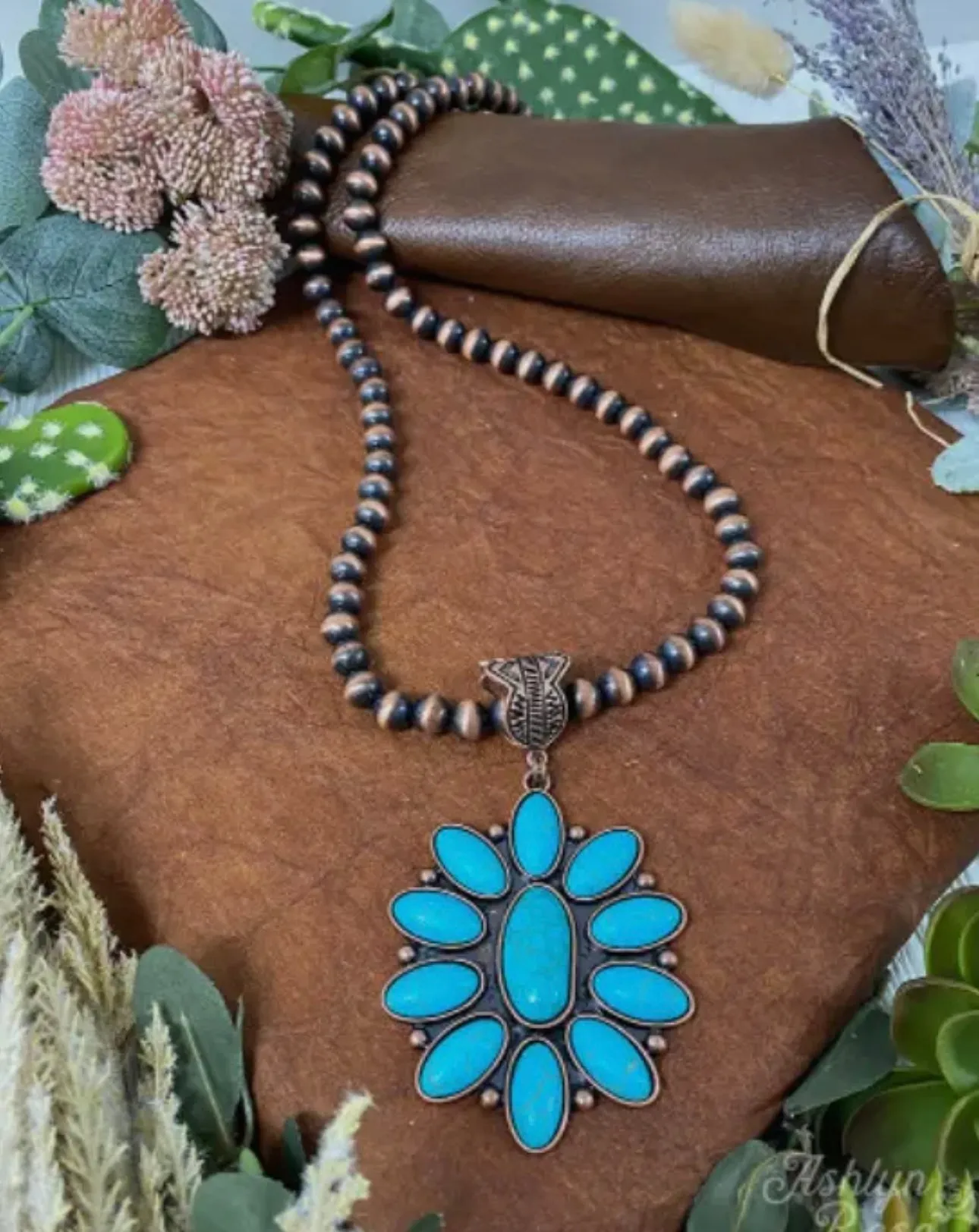 Stunning Copper Faux Turquoise Flower Necklace