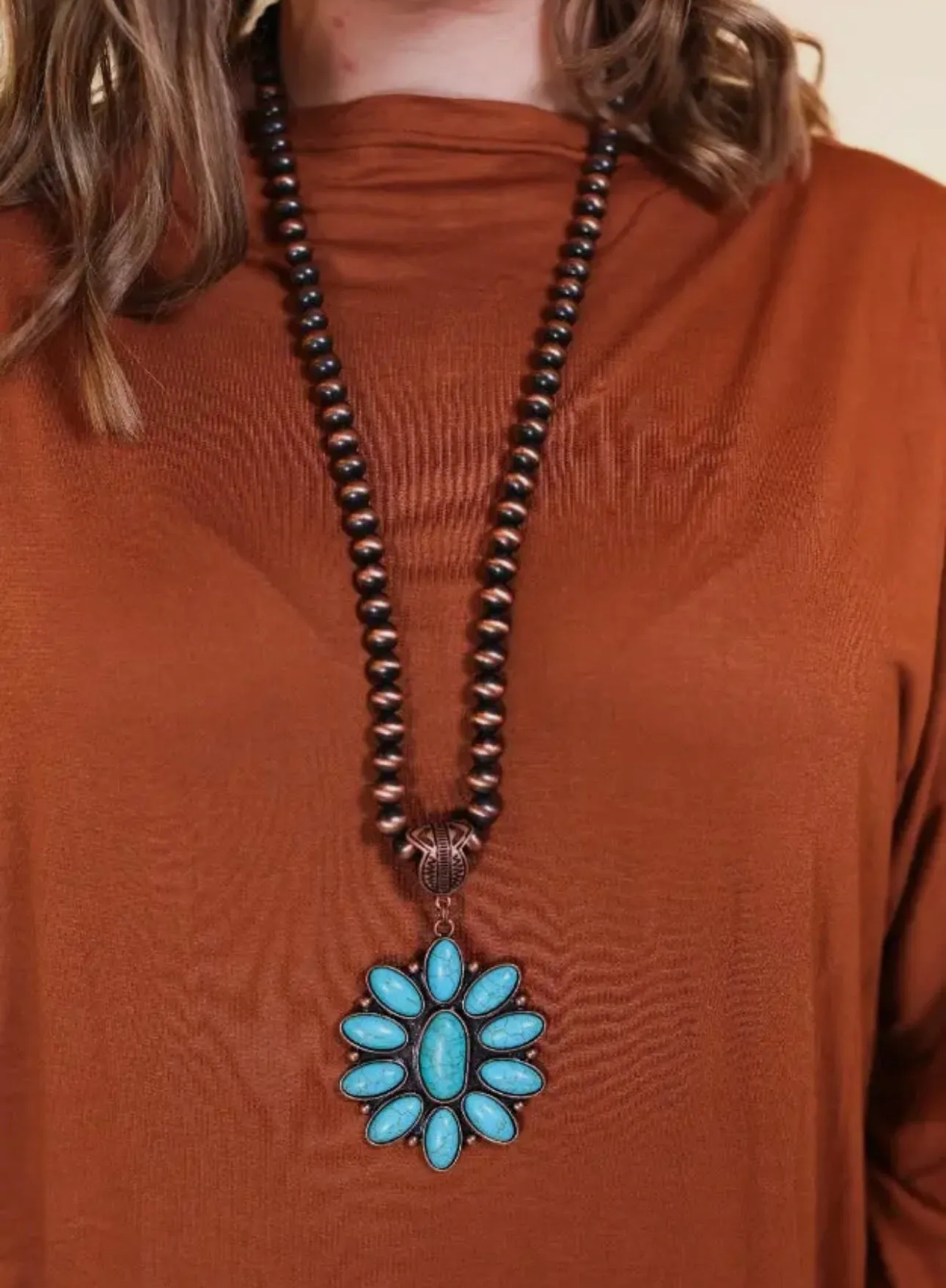 Stunning Copper Faux Turquoise Flower Necklace