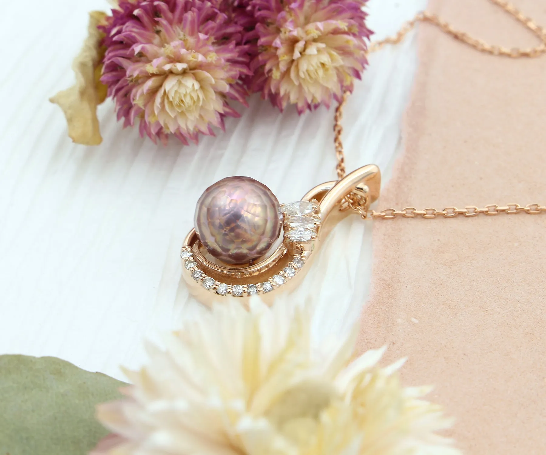 Stunning Pearl Diamond Swirl Rose Gold Necklace