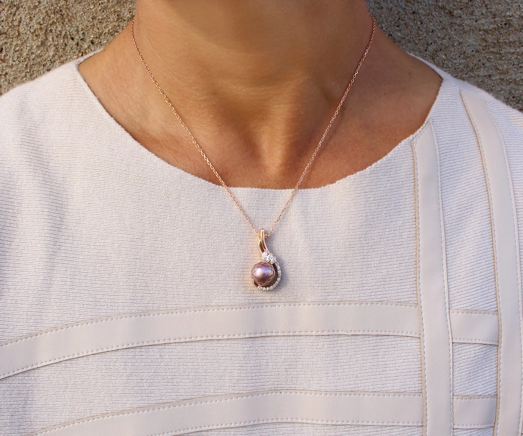 Stunning Pearl Diamond Swirl Rose Gold Necklace
