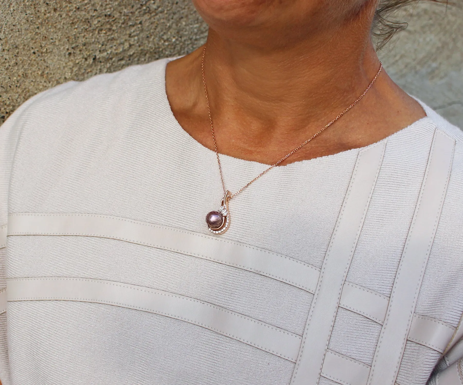 Stunning Pearl Diamond Swirl Rose Gold Necklace