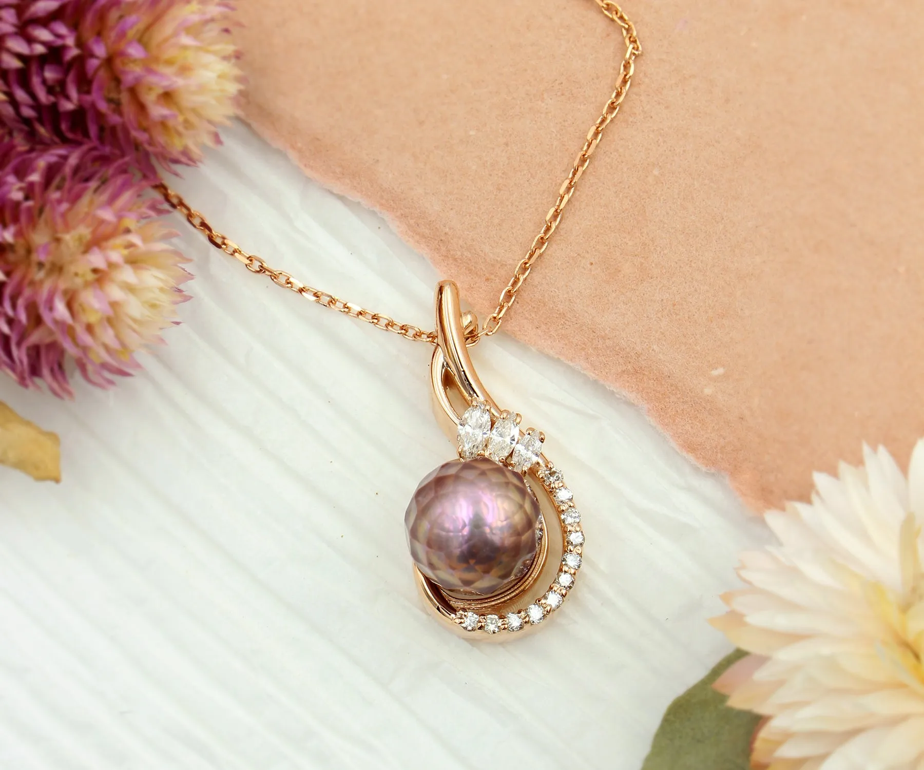 Stunning Pearl Diamond Swirl Rose Gold Necklace