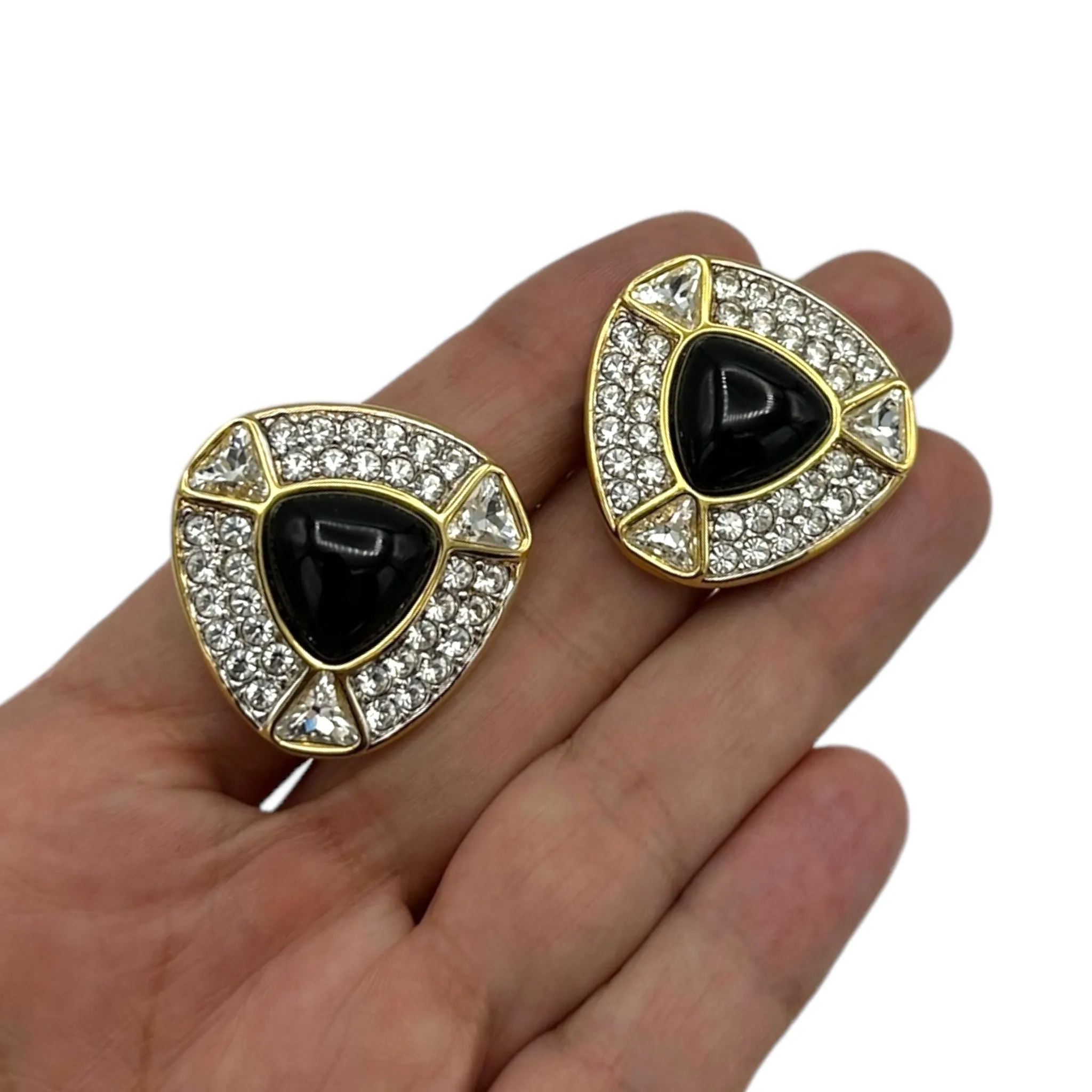 Swarovski Gold Diamante & Black Cabochon Vintage Clip-On Earrings