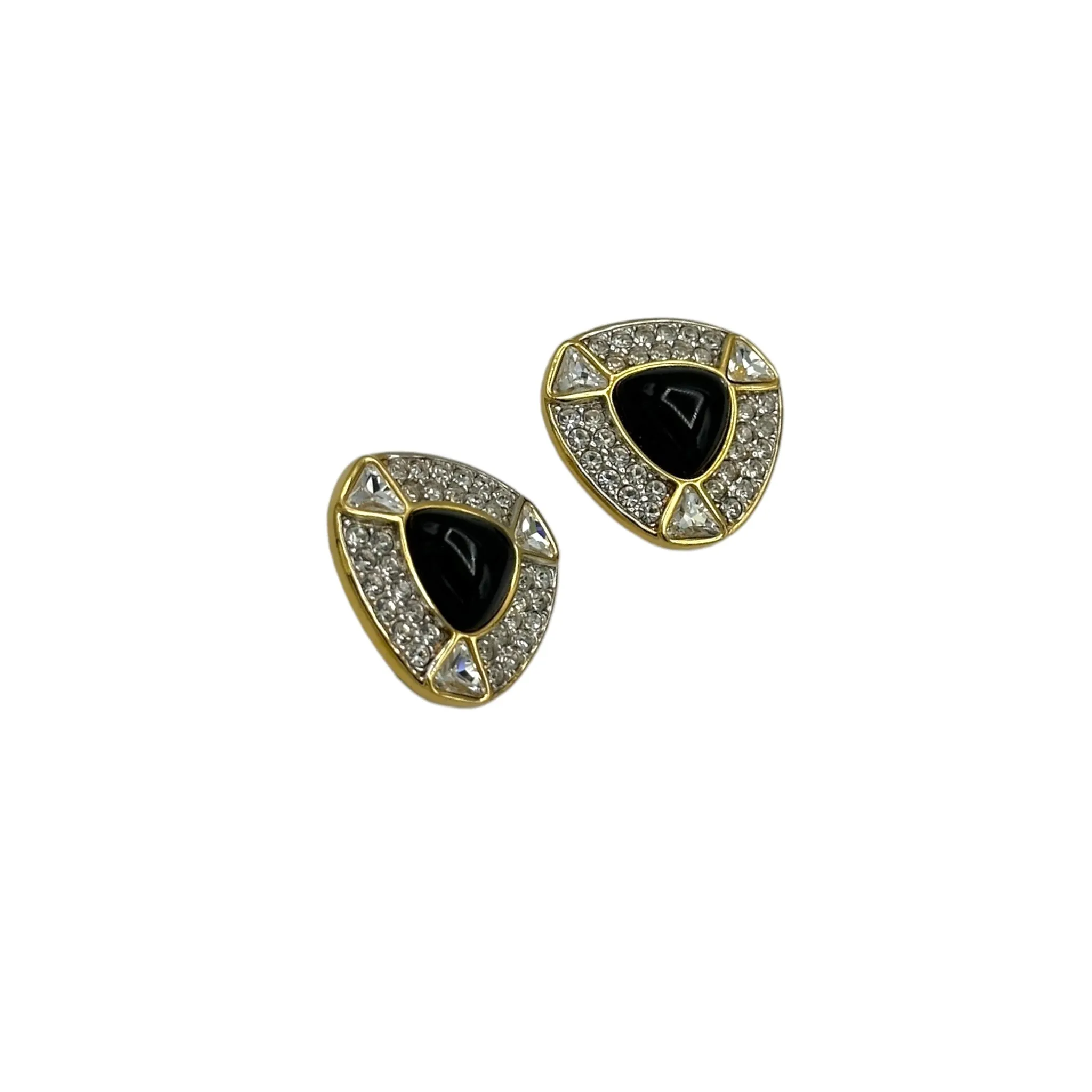 Swarovski Gold Diamante & Black Cabochon Vintage Clip-On Earrings