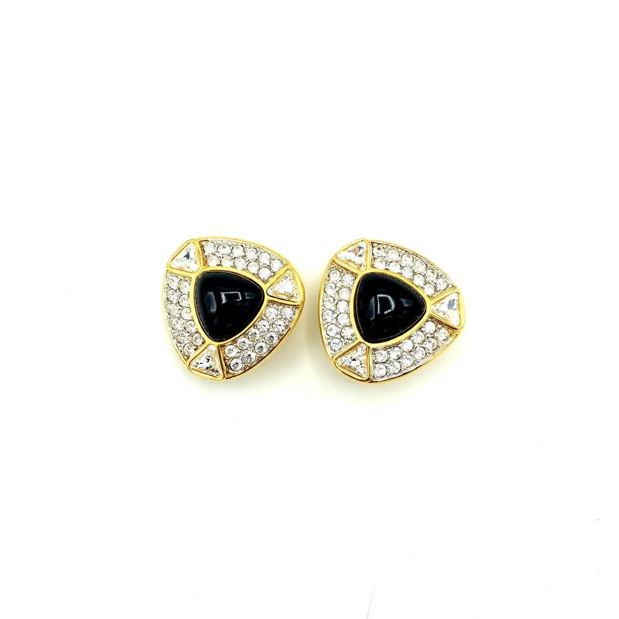 Swarovski Gold Diamante & Black Cabochon Vintage Clip-On Earrings