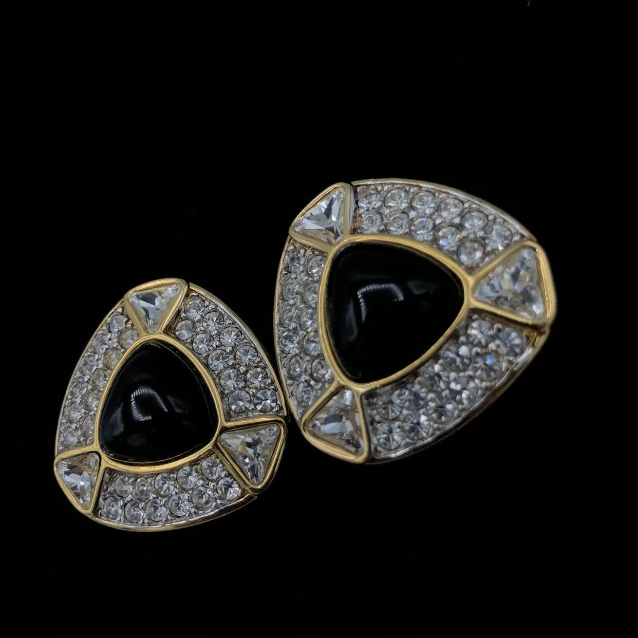 Swarovski Gold Diamante & Black Cabochon Vintage Clip-On Earrings