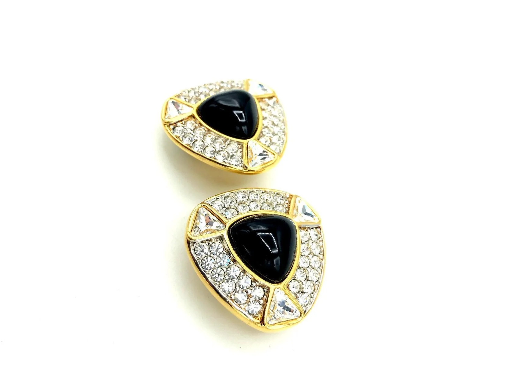 Swarovski Gold Diamante & Black Cabochon Vintage Clip-On Earrings