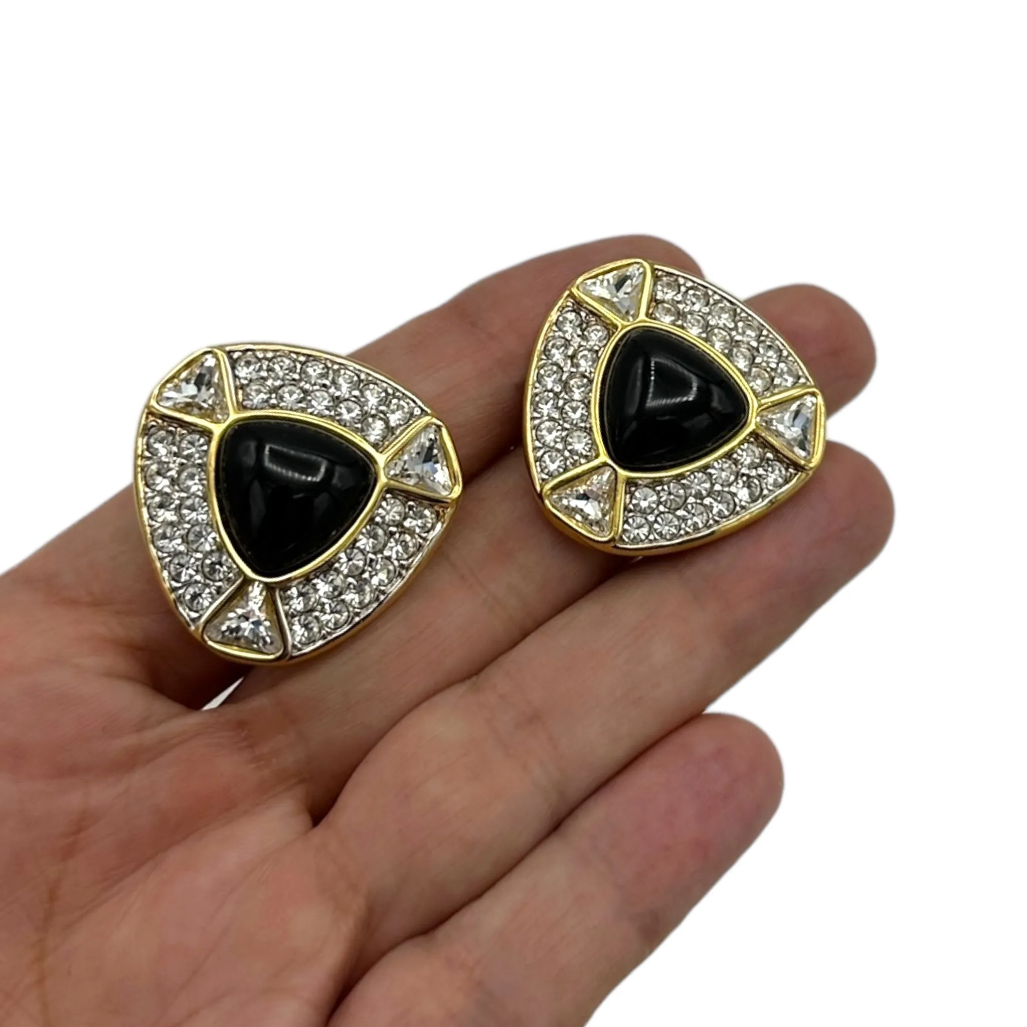 Swarovski Gold Diamante & Black Cabochon Vintage Clip-On Earrings