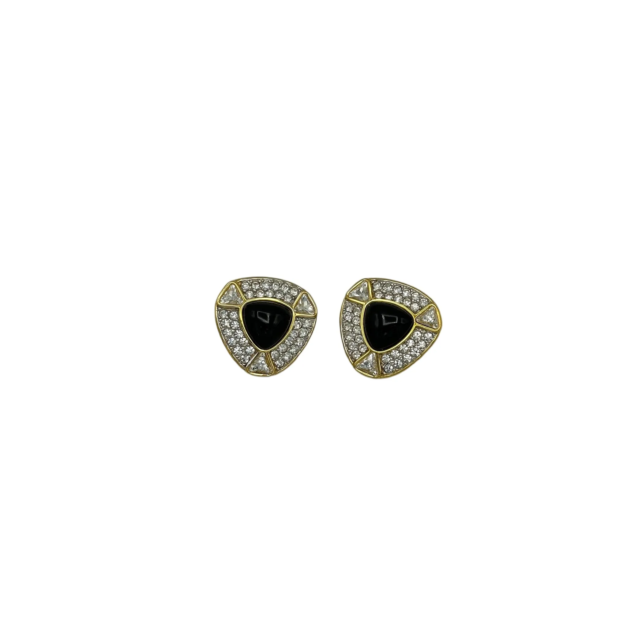 Swarovski Gold Diamante & Black Cabochon Vintage Clip-On Earrings