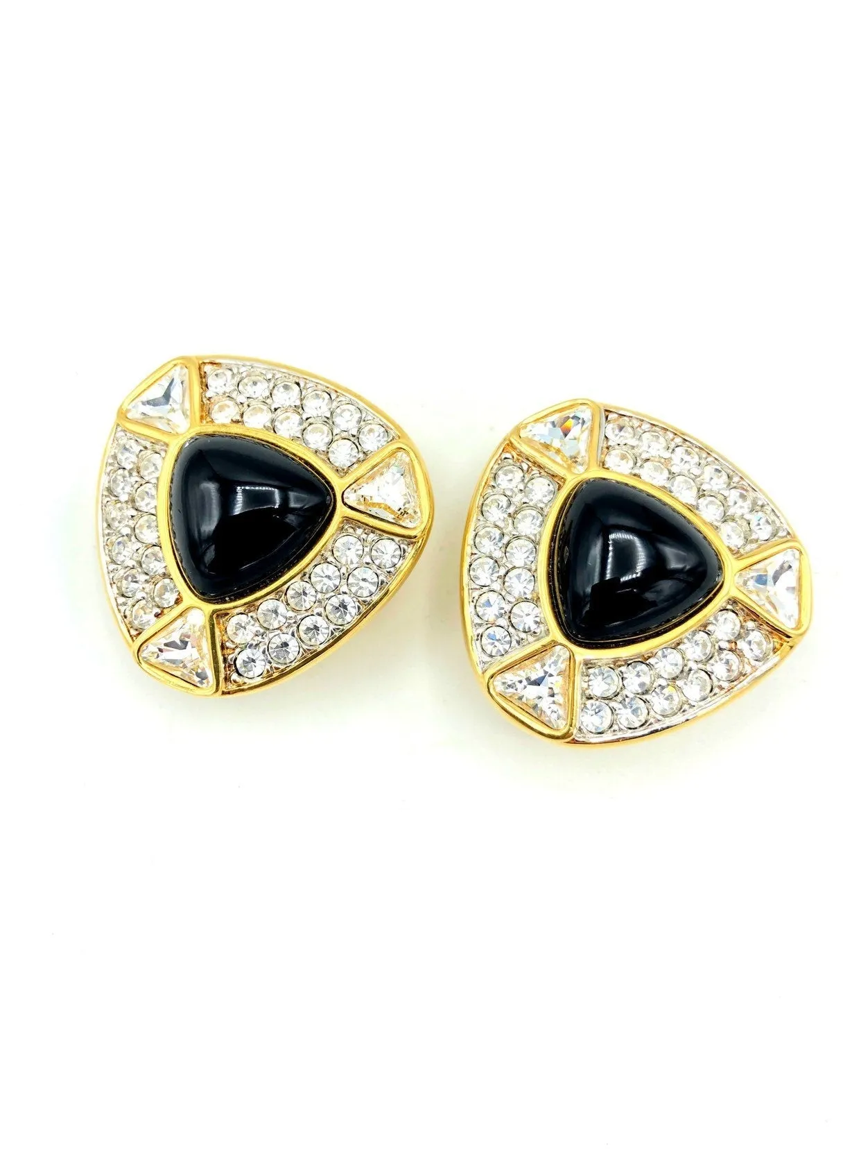 Swarovski Gold Diamante & Black Cabochon Vintage Clip-On Earrings