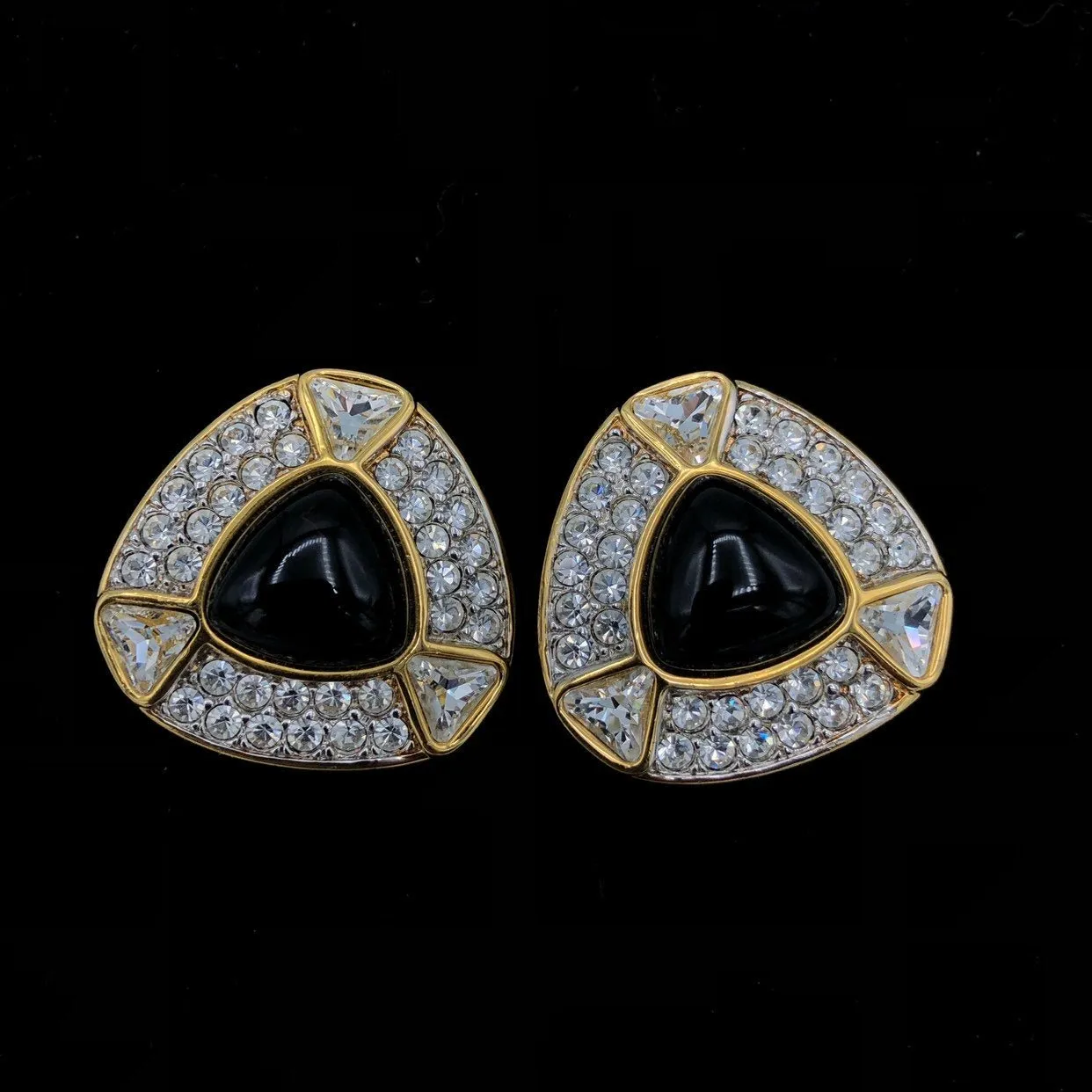 Swarovski Gold Diamante & Black Cabochon Vintage Clip-On Earrings