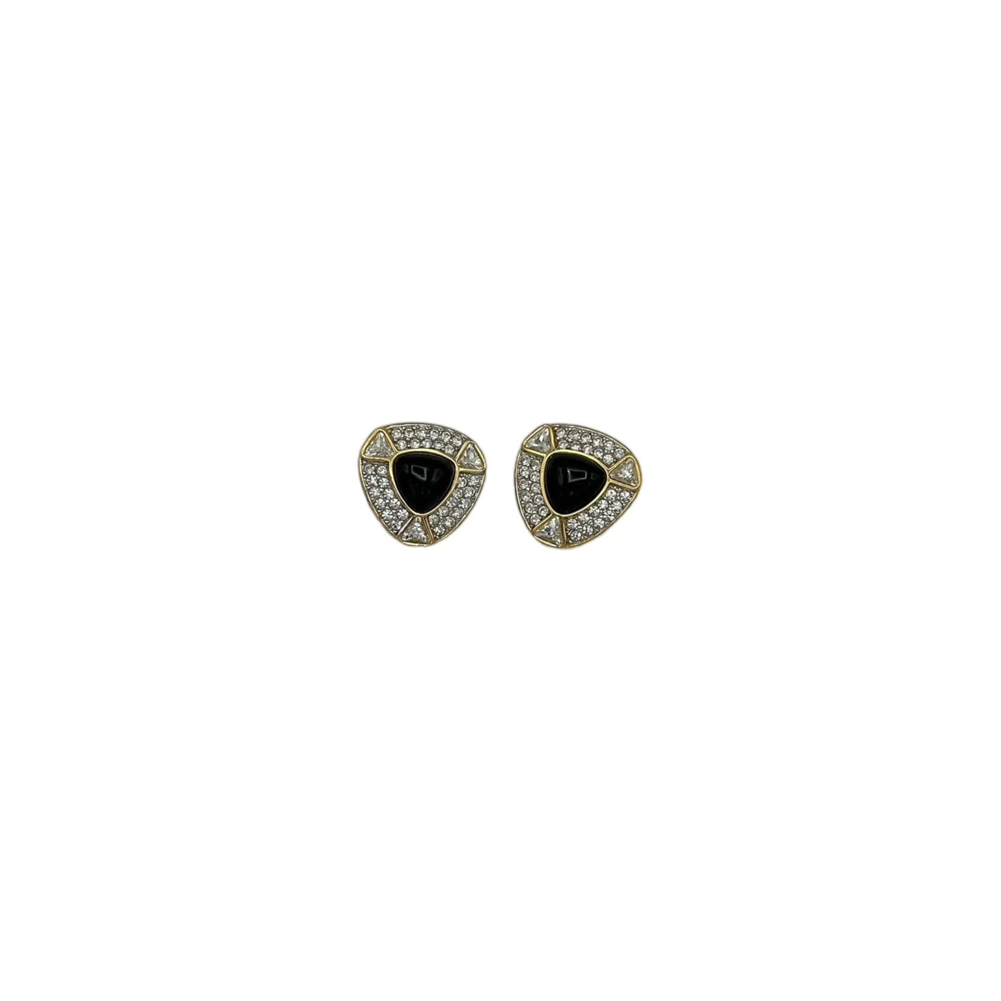 Swarovski Gold Diamante & Black Cabochon Vintage Clip-On Earrings