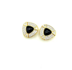 Swarovski Gold Diamante & Black Cabochon Vintage Clip-On Earrings