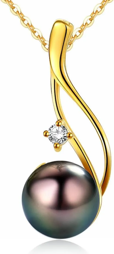 Tahitian Black Pearl Pendant Necklace 18K Gold Over Sterling Silver 19 Inch Adjustible Chain - Real Black Pearls Jewelry Gifts for Women Wife Mom Daughter