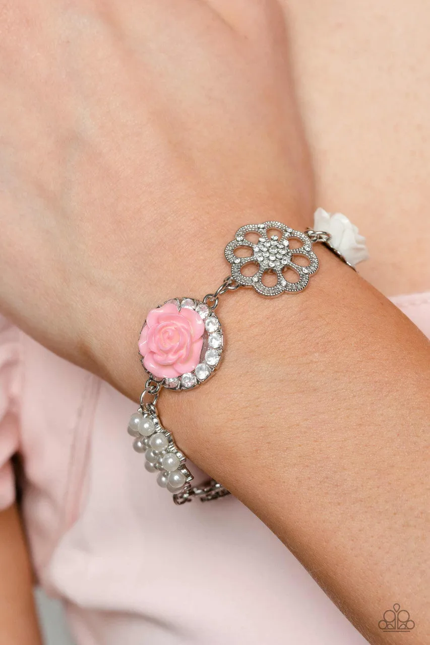 Tea Party Theme - Pink - Resin Rose Flower White Rhinestone Paparazzi Lobster Claw Bracelet - April 2023 Life of the Party Exclusive