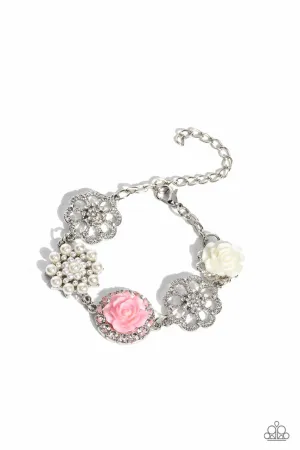 Tea Party Theme - Pink - Resin Rose Flower White Rhinestone Paparazzi Lobster Claw Bracelet - April 2023 Life of the Party Exclusive