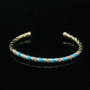 Teal Pastel Enamel Geometric Swirl Gold Filled Bangle Open Adjustable Bracelet Vintage Style Inspired