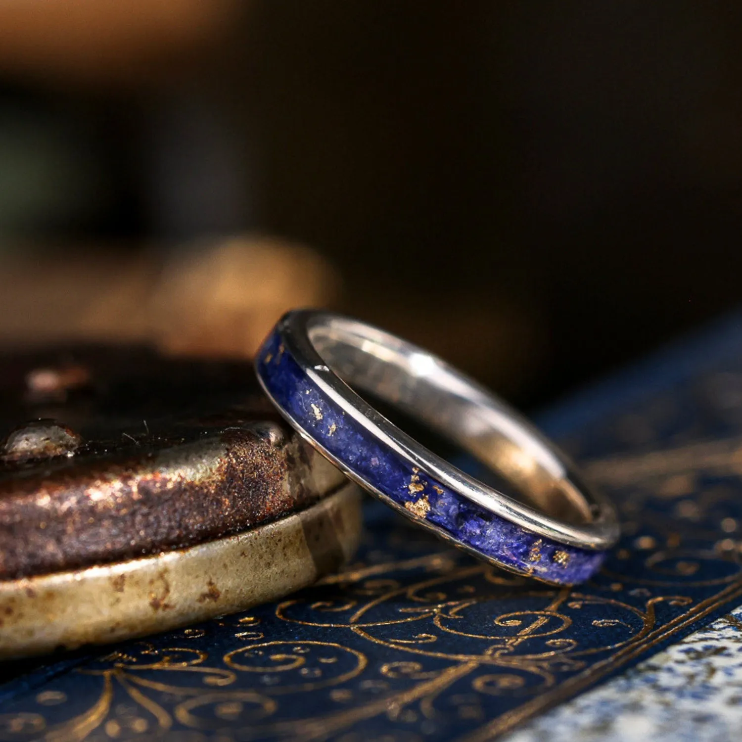 The Starry Night | Women's Sterling Silver Ring with Flowers and Gold Flakes