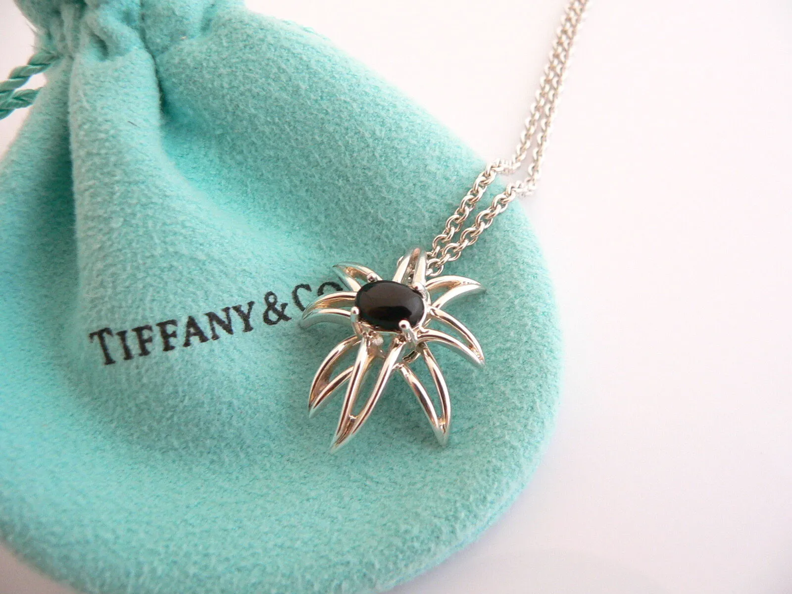 Tiffany & Co Onyx Gemstone Fireworks Necklace Pendant 18 In Chain Silver Gift