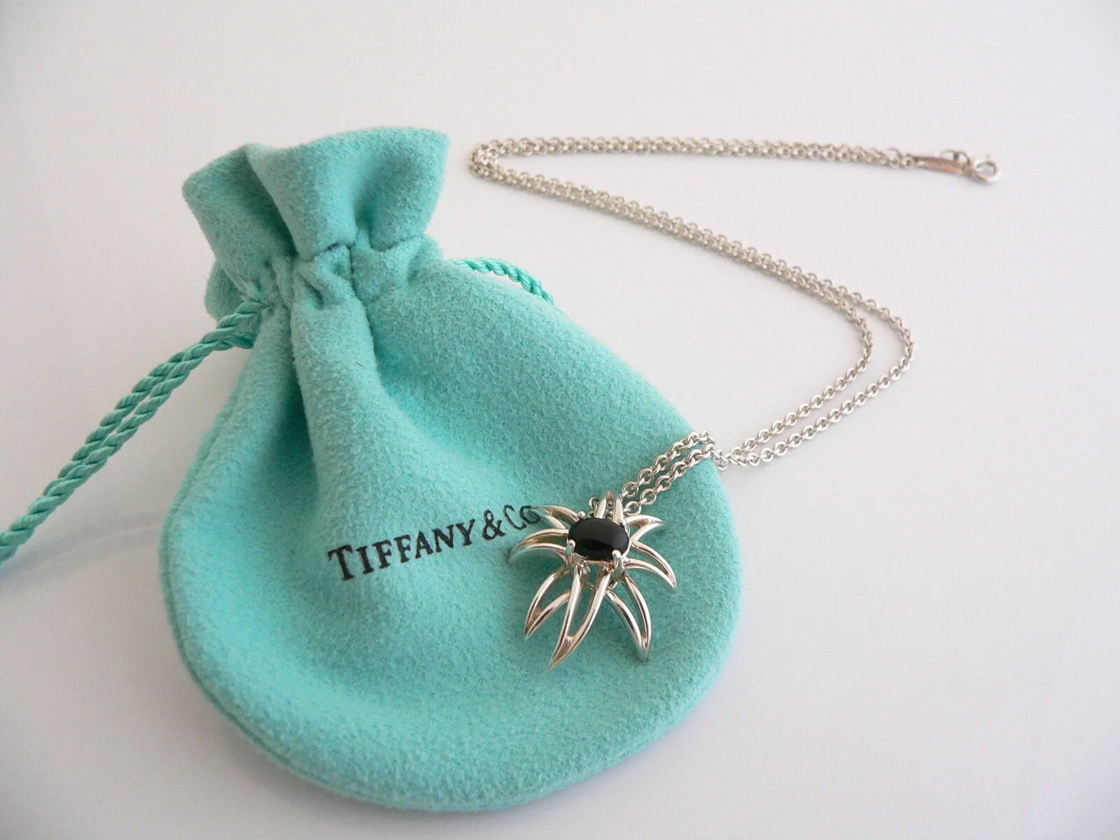 Tiffany & Co Onyx Gemstone Fireworks Necklace Pendant 18 In Chain Silver Gift