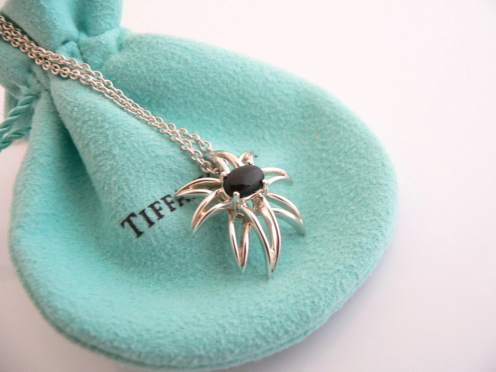 Tiffany & Co Onyx Gemstone Fireworks Necklace Pendant 18 In Chain Silver Gift
