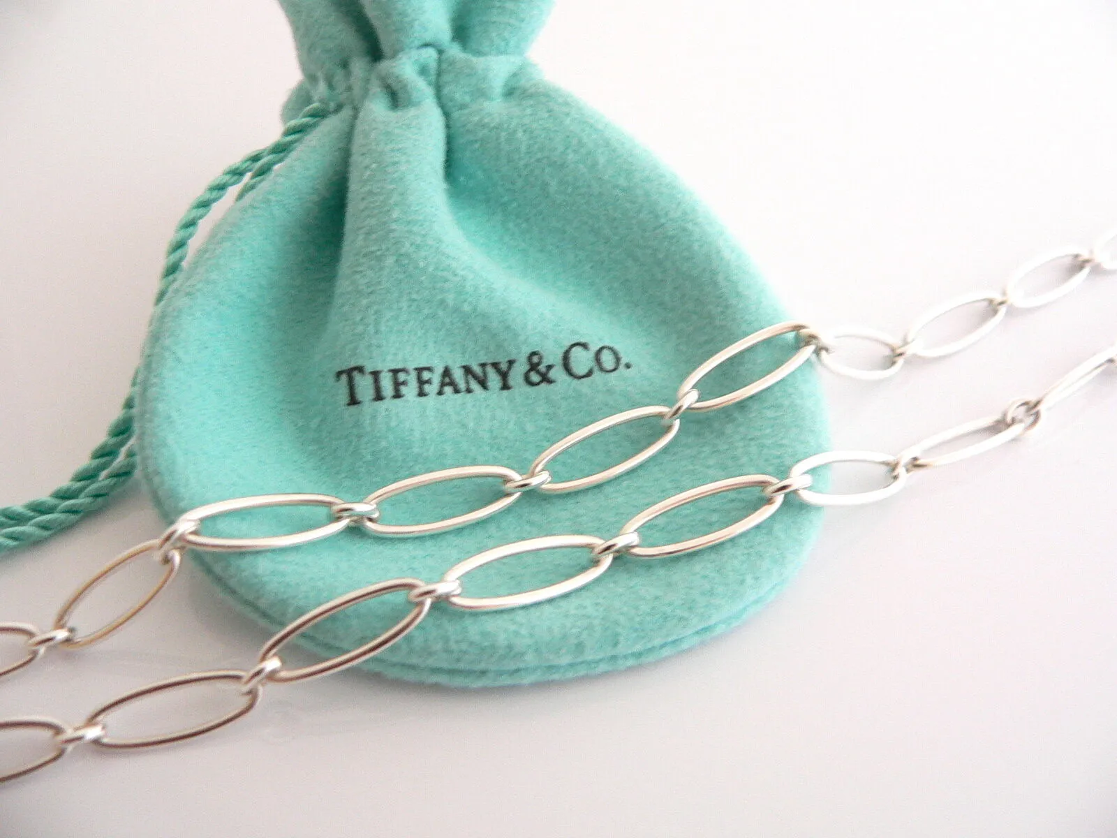 Tiffany & Co Peretti Silver Open Heart Link Necklace Pendant Charm Gift Pouch