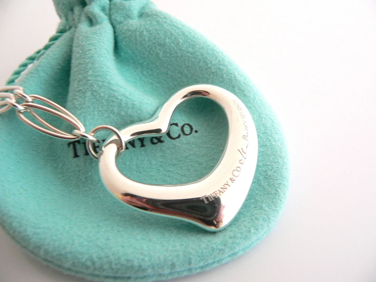 Tiffany & Co Peretti Silver Open Heart Link Necklace Pendant Charm Gift Pouch