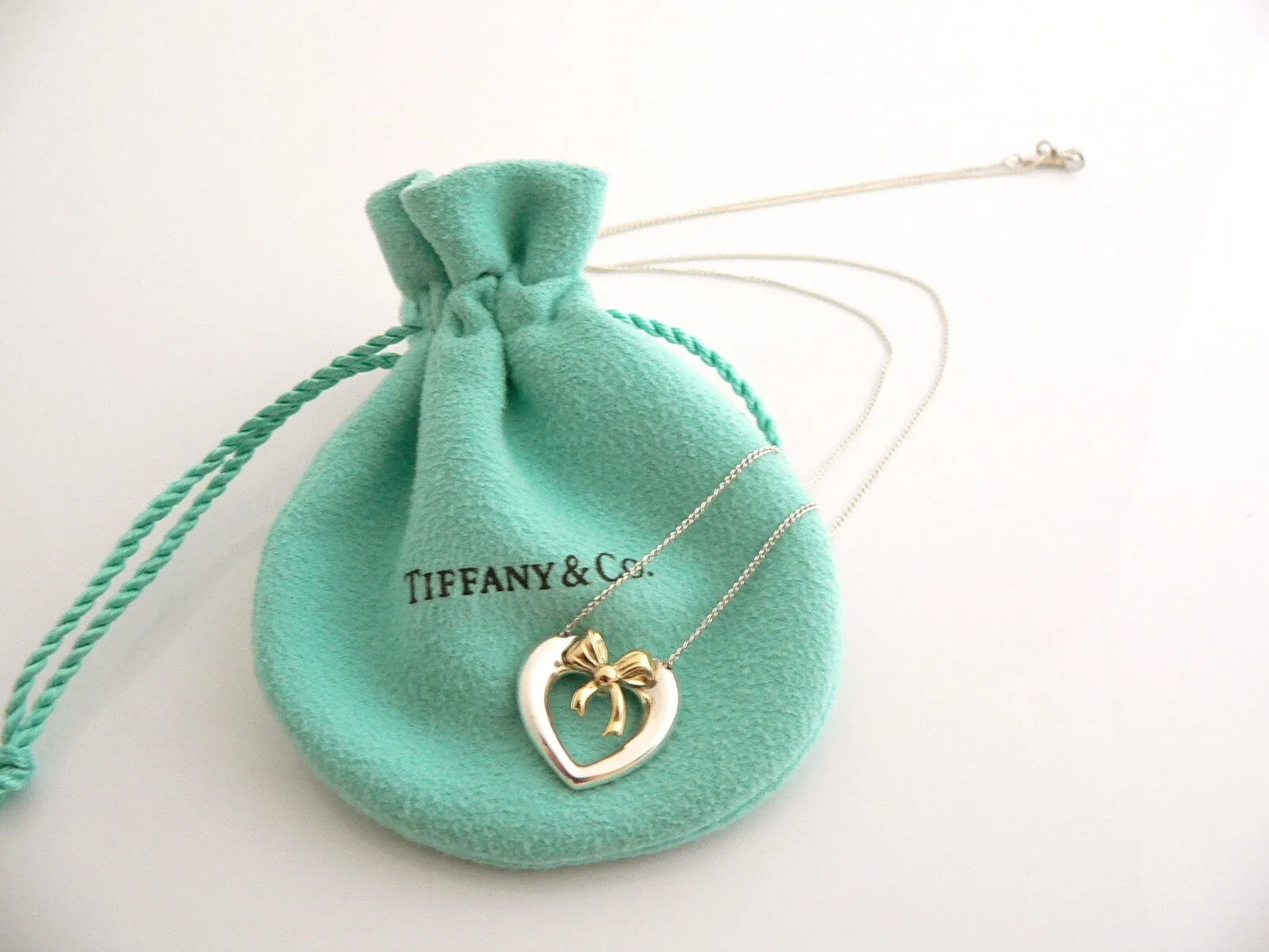 Tiffany & Co Silver 18K Gold Heart Ribbon Bow Necklace Pendant Charm 18 In Long