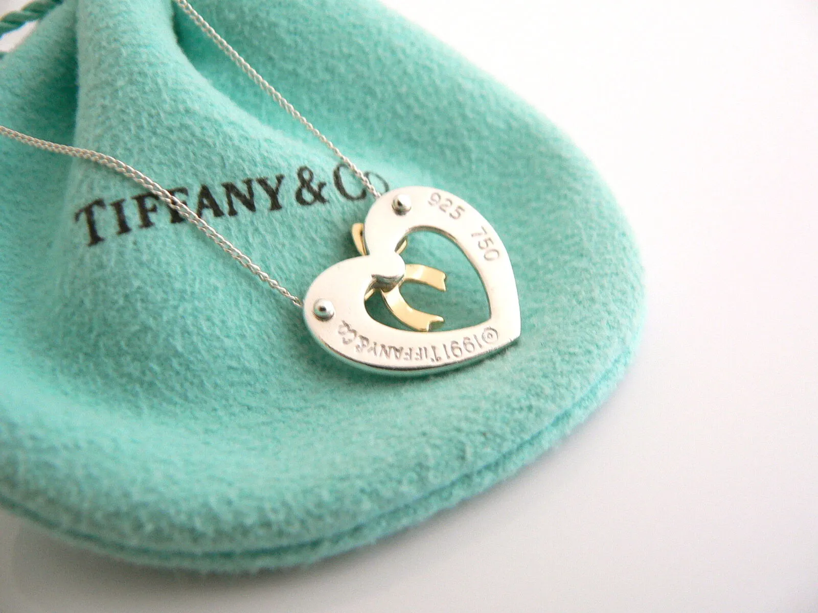 Tiffany & Co Silver 18K Gold Heart Ribbon Bow Necklace Pendant Charm 18 In Long