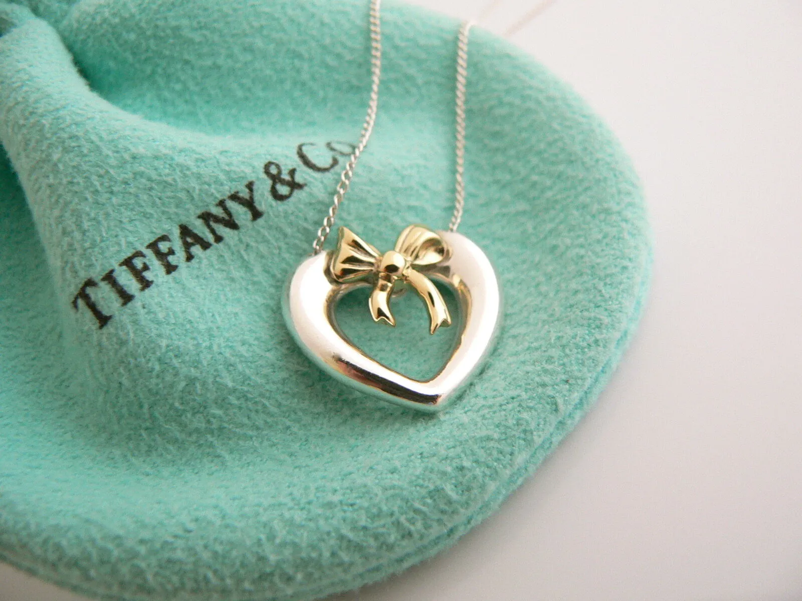 Tiffany & Co Silver 18K Gold Heart Ribbon Bow Necklace Pendant Charm 18 In Long