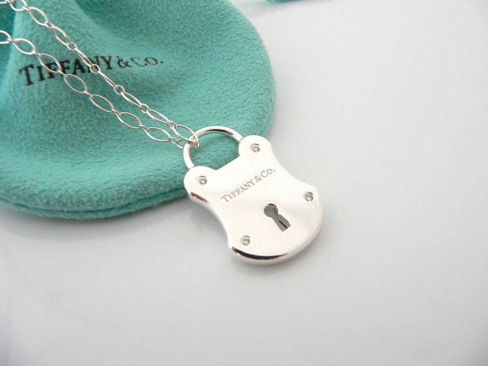 Tiffany & Co Silver Diamond Locks Padlock Necklace Pendant 16 In Chain Gift Love